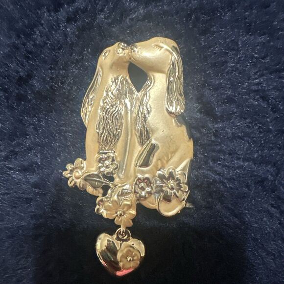 AJC Puppy Love Gold Tone Heart Dangle Brooch with Floral Details - Picture 1 of 5